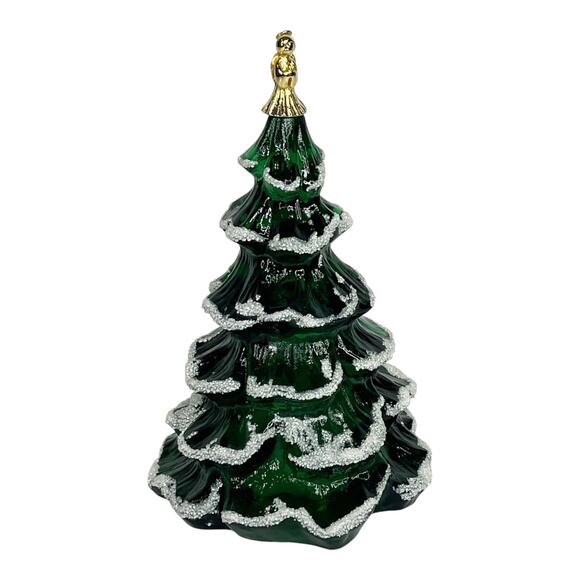 Fenton Glass CHRISTMAS TREE FIGURINE 6.5" LG Green Snow Frosted Gold Angel - Picture 3 of 8